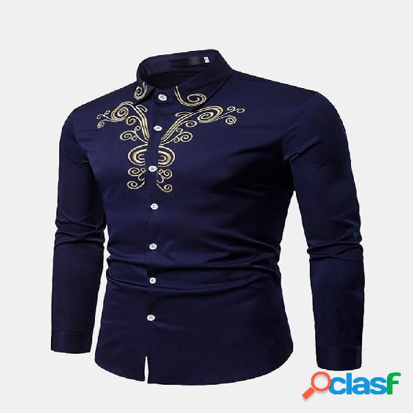 Homens Solid Color manga comprida bordado Single Breasted