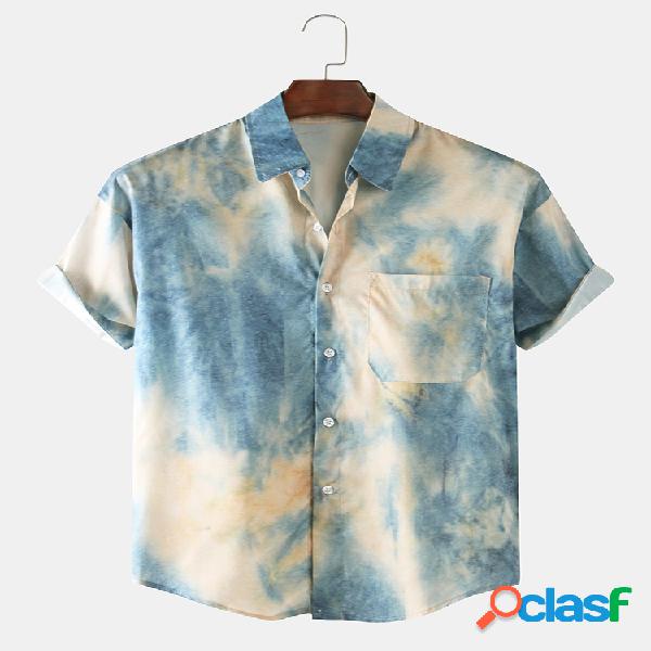 Homens Tie-dye Denim Blue Impresso Loose Casual Manga curta