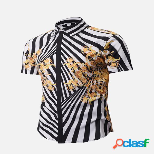 Homens Vintage impresso 3D Turn Down Collar manga curta Slim