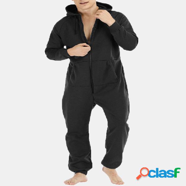Homens engrossar algodão Loungewear Jumpsuit bolsos Zip