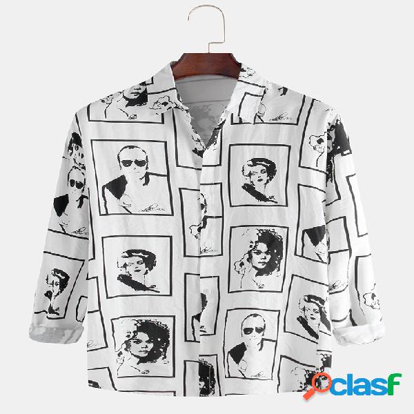 Homens retrato graffiti impresso flor solta Camisa