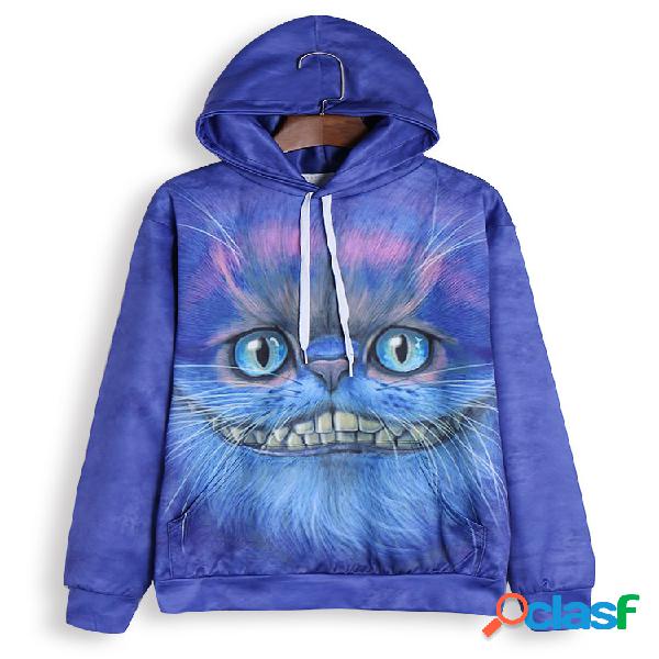 Hoodie de manga comprida Casual Cat 3D para mulheres