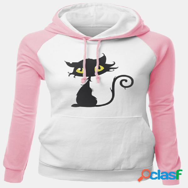 Hoodie de manga comprida Patchwork Casual para as mulheres