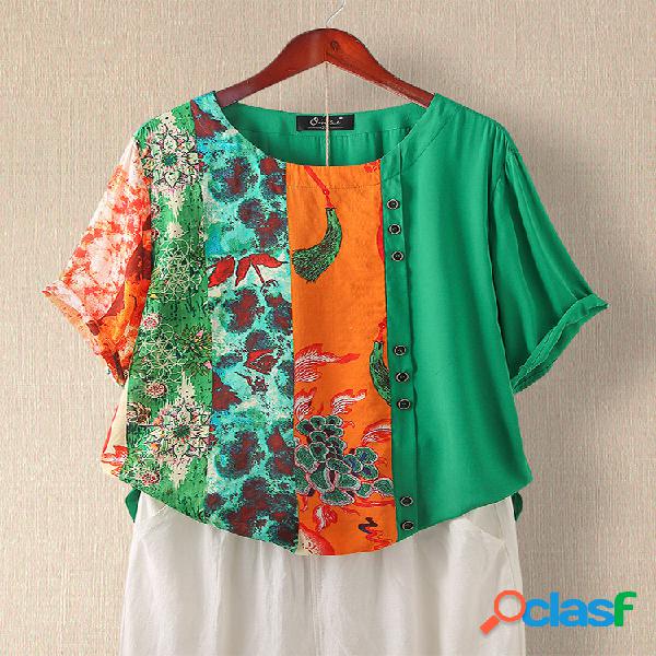 Imprimir Patchwork O-pescoço Plus Tamanho Camiseta