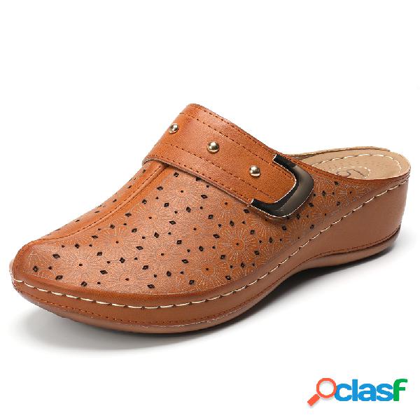 LOSTISY Flor Splicing Oco Out Backless Fechado Toe Cunhas