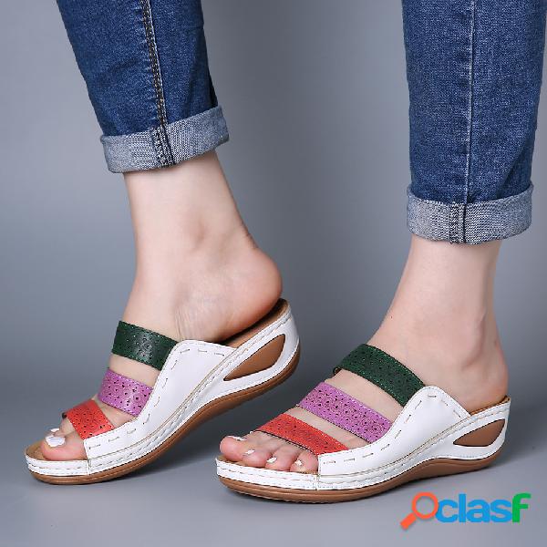 LOSTISY Rainbow Stitching Peep Toe Casual Praia Cunhas