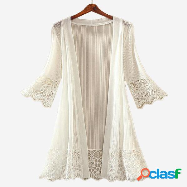 Lace Patchwork Solid Color Mulheres Cardigãs de manga 3/4