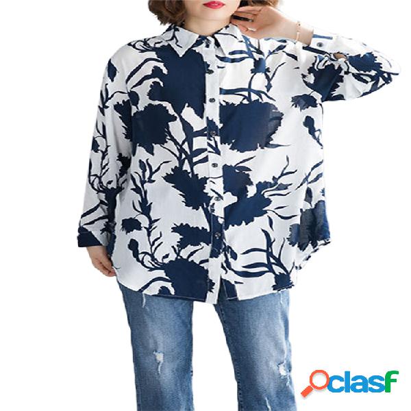 Lapela Floral Print manga comprida Camisa para mulheres