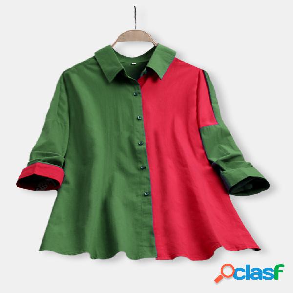 Lapela de retalhos vintage manga longa Plus tamanho Camisa