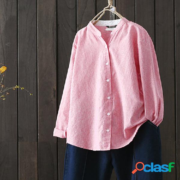 Listras Vintage O-pescoço Blusas Manga Longa