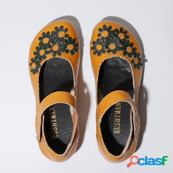 Little Flower Leather Soft Sapatos Baixos Vintage