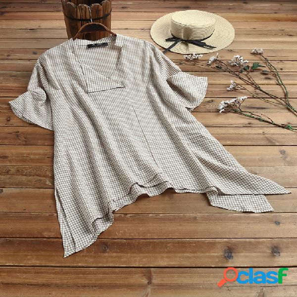 Manta curta assimétrica xadrez Plus tamanho Camisa