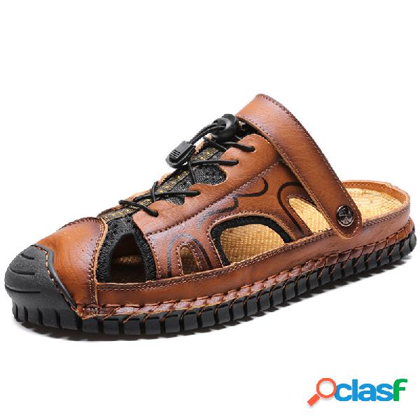Men Rubber Toe Cap Hand Stitching Sandálias de couro ao ar