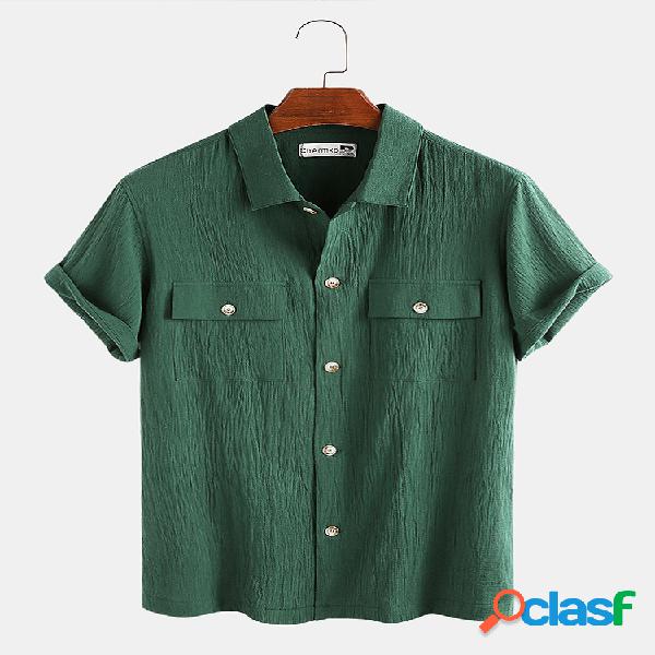 Mens 100% algodão bolsos duplos de manga curta camisas de