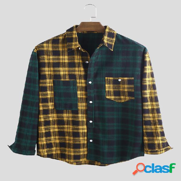 Mens 100% algodão casual solta xadrez retalhos camisas de