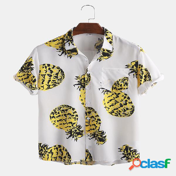 Mens Abacaxi Padrão Bolso no peito impresso Camisas de