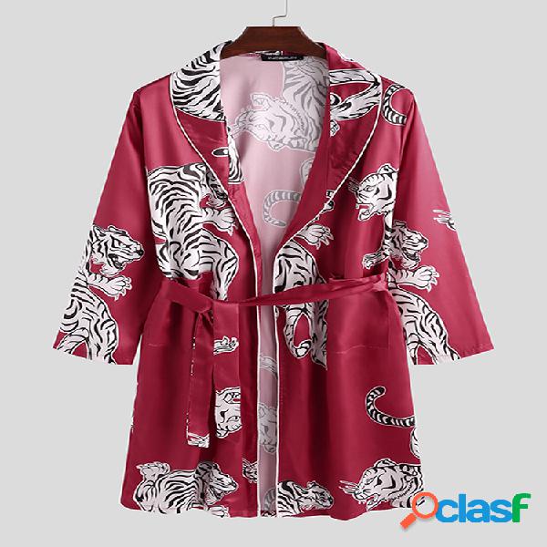 Mens Animal Tiger Print Pijama de seda acessível Robe Shawl