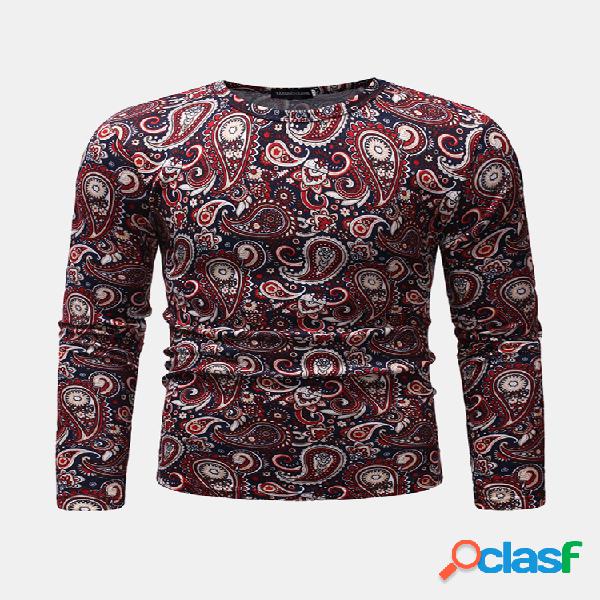 Mens Caju Flores Impressão Tripulação Pescoço Manga