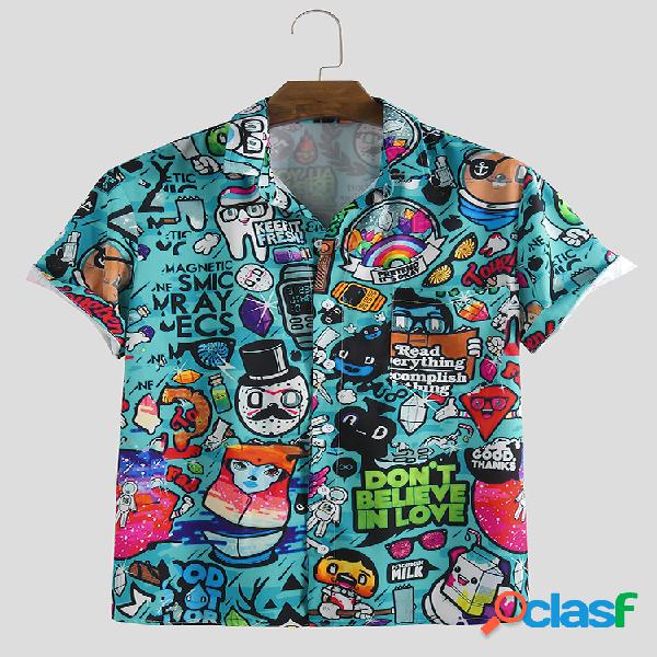 Mens Cartoon Graffiti Printed Turn Down Collar Camisas de