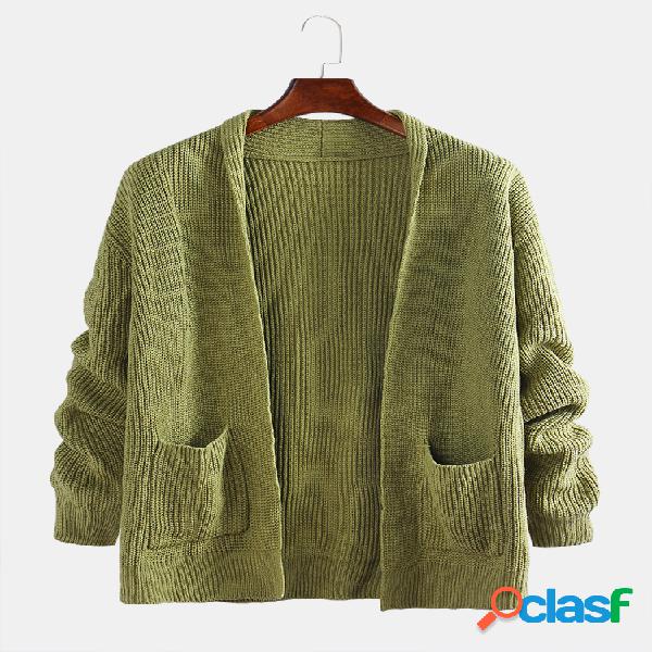 Mens Casual Big Pocket Shawl Collar Cor sólida Loose Fit