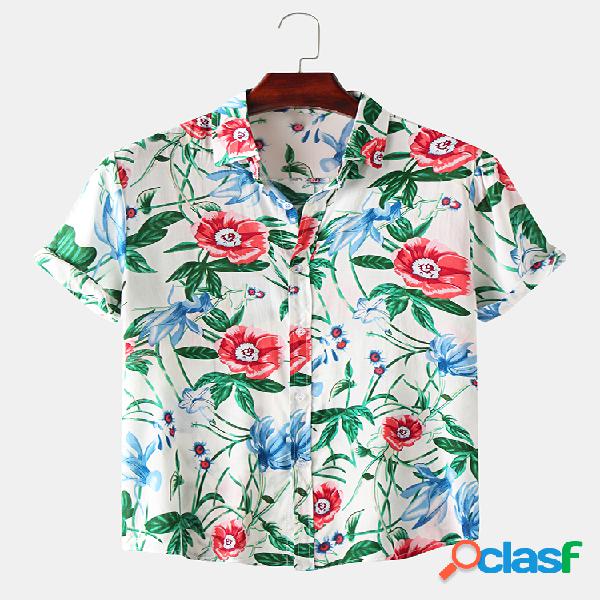 Mens Casual Cotton Floral Print Turn Down Collar Camisas de