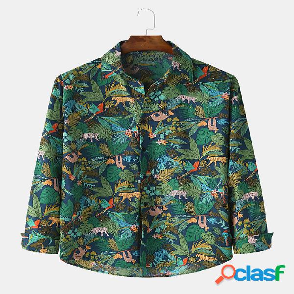 Mens Casual Cotton Jungle Style Padrão Imprimir camisas de