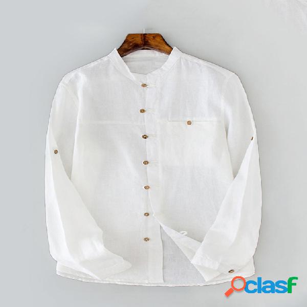 Mens Casual Loose Pocket respirável Single Breasted Linen