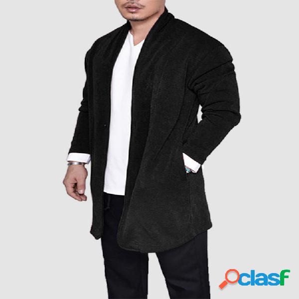 Mens Casual Mid-Long manga comprida Cardigan de cor sólida