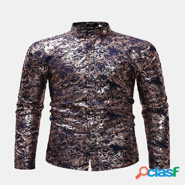 Mens Casual Stand Collar Slim Fit Hot Stamping Base Print