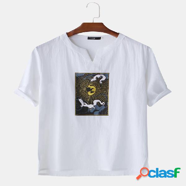 Mens Chinese Myths Fox Print Camisetas com decote em v