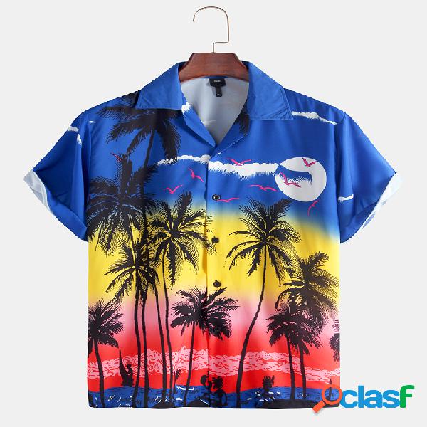 Mens Coco Tree Sunset impresso manga curta havaiano Camisa