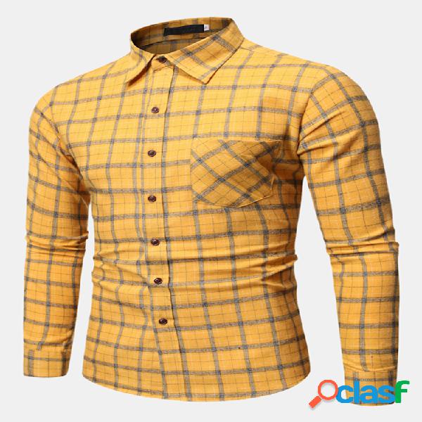 Mens Confortável Casual Streetwear Xadrez Bolsos no Peito