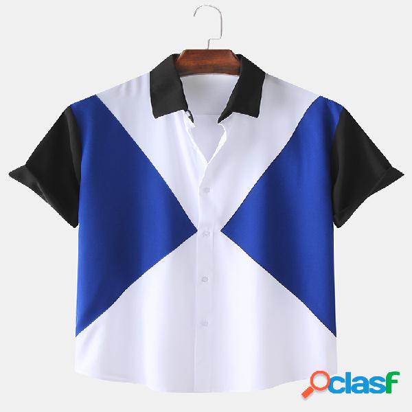 Mens Contrast Color Patchwork Casual Respirável Camisas de