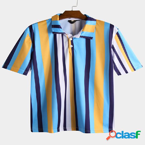 Mens Contrast Color Striped Confortável Turn Down Collar