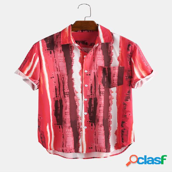 Mens Cool Graffiti Stripe Chest Pocket Camisas de manga