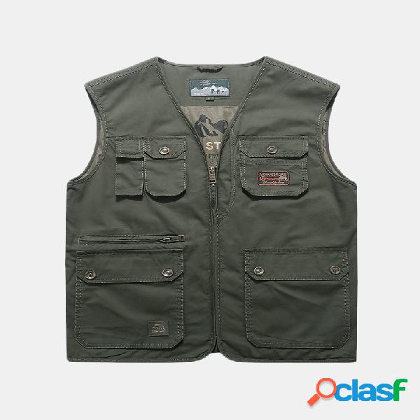 Mens Cotton Multi Pocket Vest Summer Com decote em V Casual
