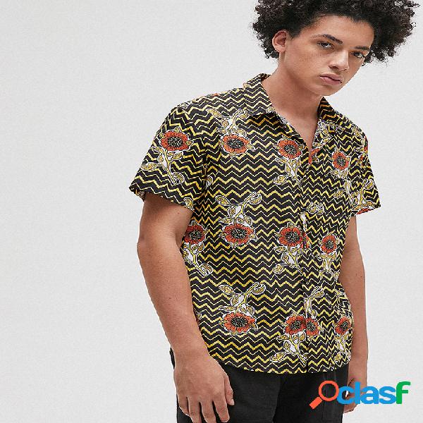 Mens Designer Girassol Jagged Impresso manga curta lapela