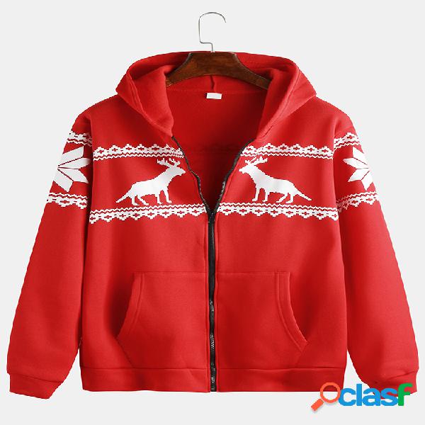 Mens Elk Printed Christmas Slim Fit Zíper de bolso grande