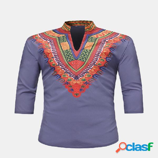 Mens Estilo étnico africano 3D Impresso Stand Collar 3/4