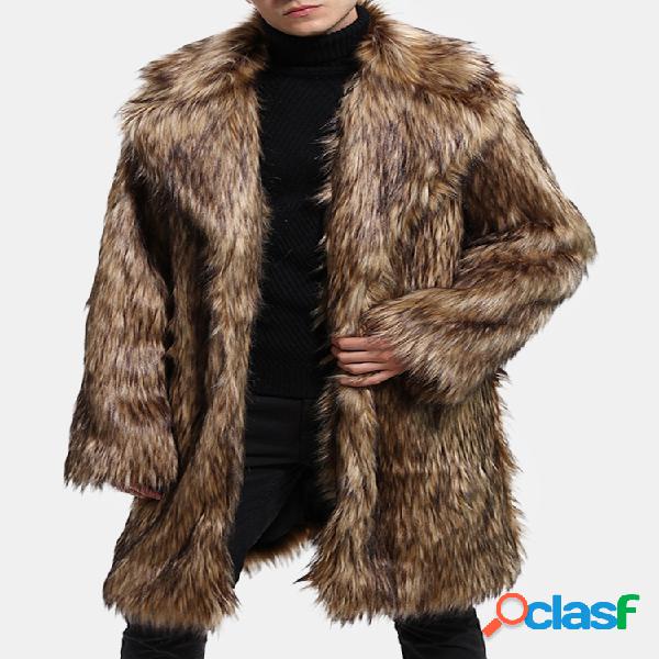 Mens Faux Fur Trench Coat Winter Warm Mid Long Suit Collar