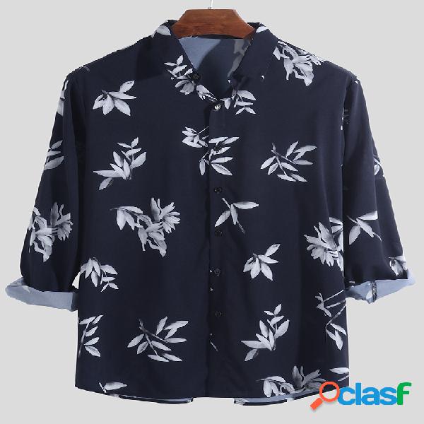 Mens Floral Impresso manga comprida Turn Down Color Loose