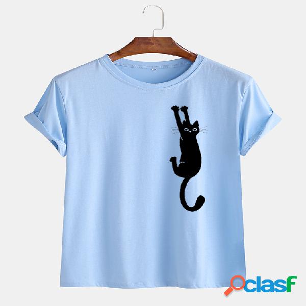 Mens Fun Cartoon Cat Impresso Algodão Casual Round Neck