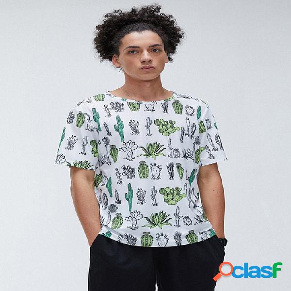 Mens Funny Cartoon Planta Cactus Print Round Neck T-Shirts