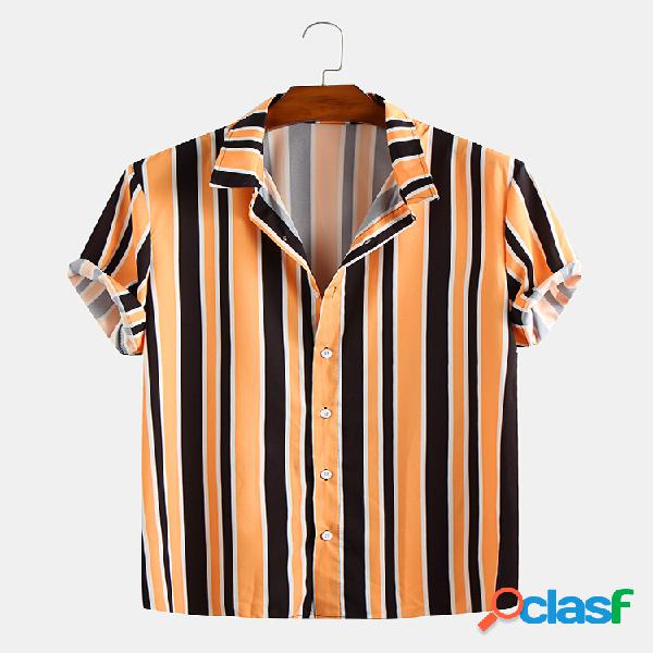 Mens Funny Hit Color Stripe Printed Turn Down Collar Camisas