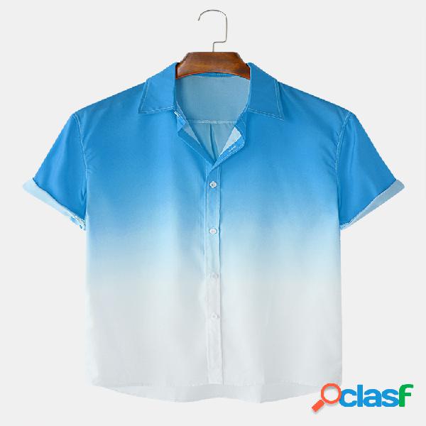 Mens Gradient Casual manga curta Turn-down Collar Camisa