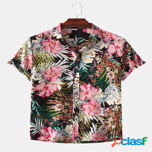 Mens Hawaii Flowers Print Turn Down Collar Camisas de manga