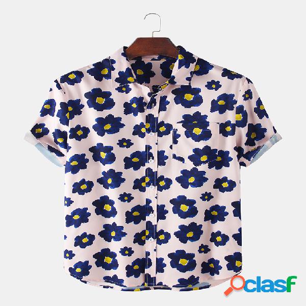 Mens Holiday Floral Impresso manga curta bolso Camisa