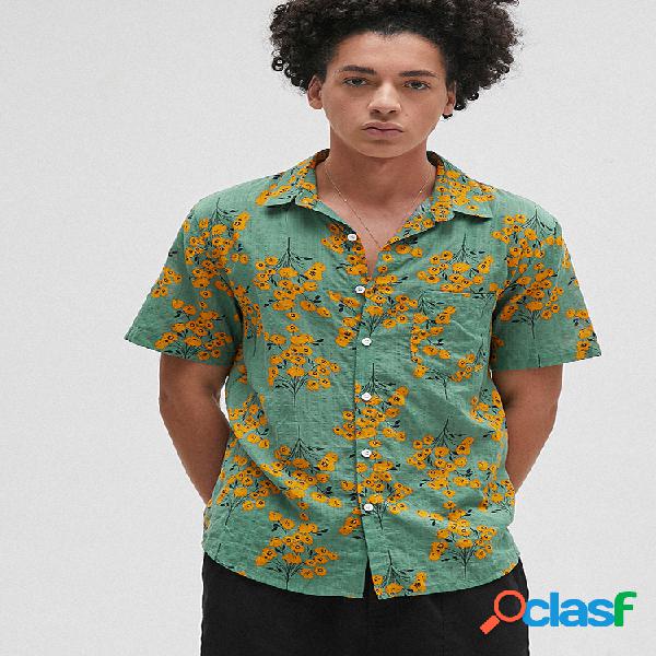 Mens Holiday Floral Printed Soft Colar de lapela de manga