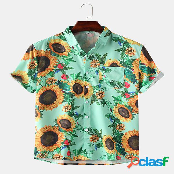 Mens Holiday Sunflower Printed Designer Camisas de manga