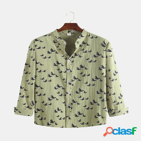 Mens Linen 3D Little Black Birds Impressão manga comprida